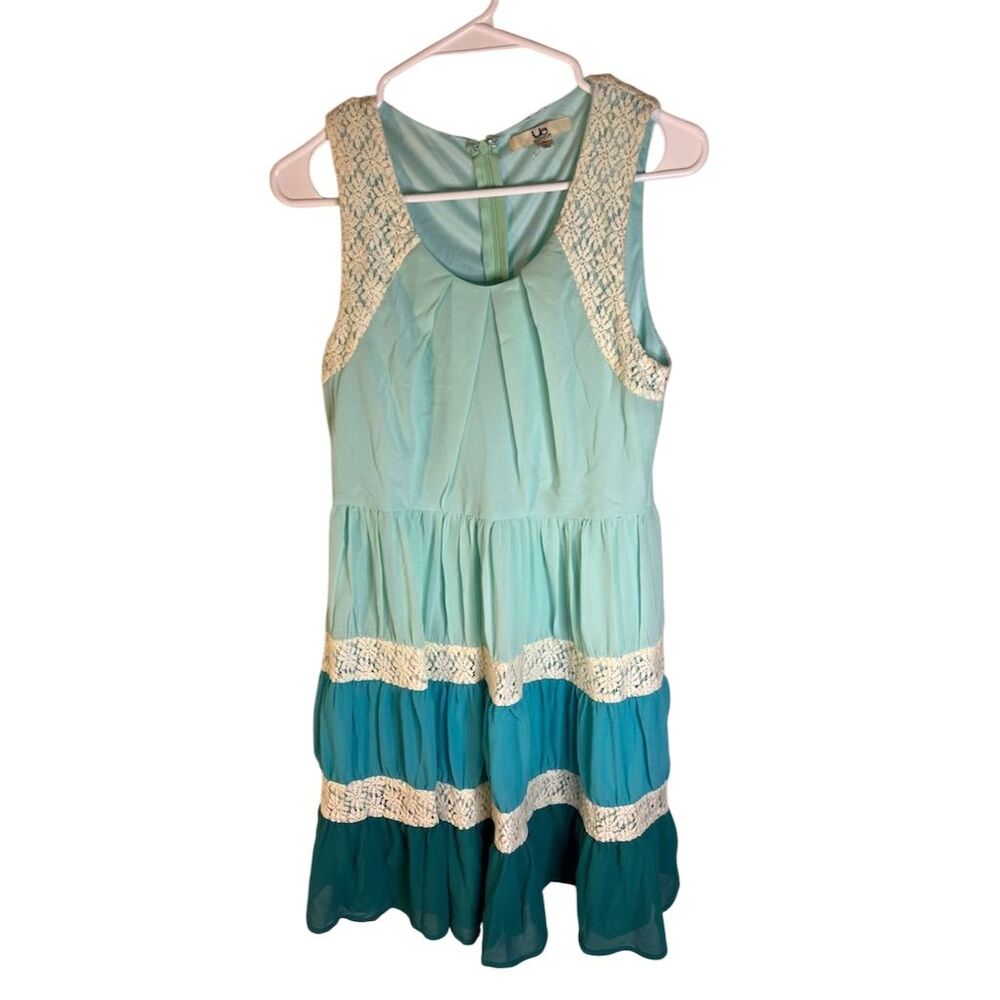 Women's Blue Ombre Lace Detail Midi Dress Size L Spring Elegant